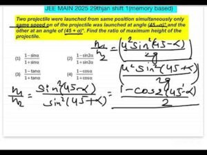 JEE MAINS 2025 (29 jan shift 1)Two projectiles are fired with same initial speed from same point on