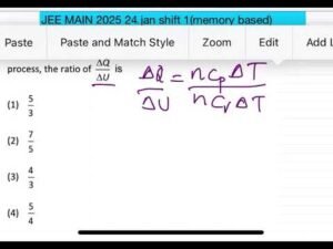 JEE MAIN 2025 For an ideal mono atomic gas undergoing an isobaric process, the ratio of del Q/del U