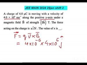 A-charge-of-4-uc-moving-with-velocity-4×10-6-ms-1-along-positive-y-axis-under-magnetic-field-B-of-strength-2k-T: JEE MAIN 2024